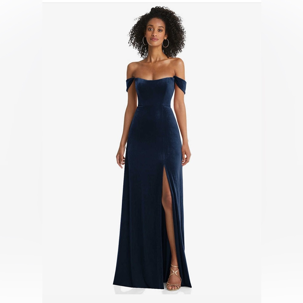 NWT After Six midnight blue lux velvet off the shoulder dress!